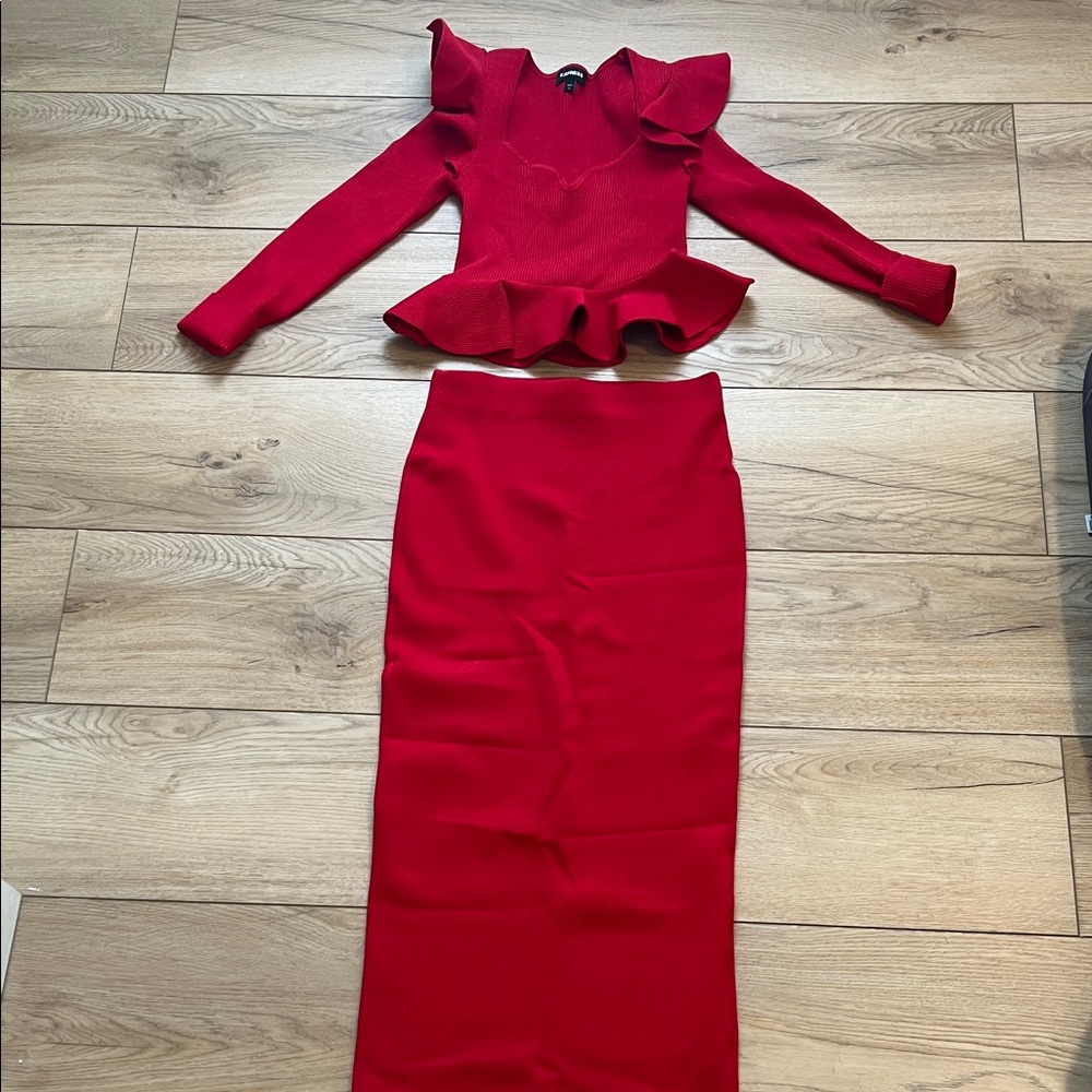 Express Red Peplum Skirt Set